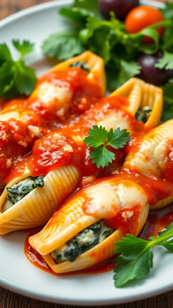 A close-up of spinach and cheese stuffed pasta shells with marinara sauce and parsley garnish.